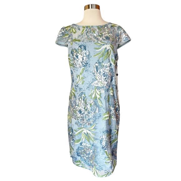 ADRIANNA PAPELL Sheath Cocktail Dress Blue Embellished Sequins Short Sleeves 8 - Picture 11 of 12